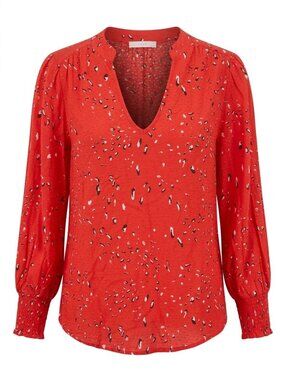 The Nines Blouse Size Small Red Black Animal Print V Neck Smocked Cuff Rayon NEW